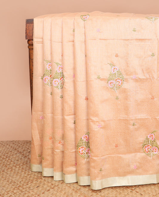 Sandal floral motifs embroidered chirala cotton saree, plain border, and contrast floral printed pallu
