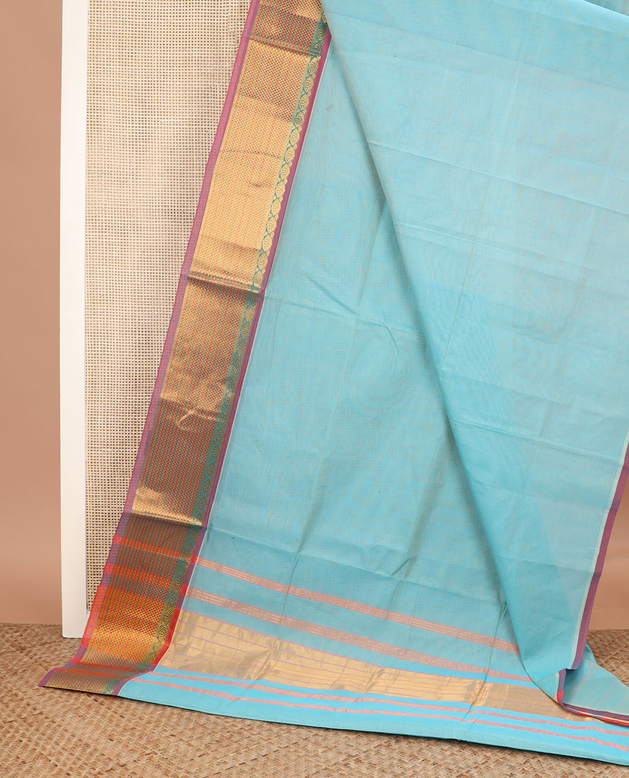 Baby blue zari buttas Venkatagiri cotton saree, contrast traditional zari border, and zari striped pallu
