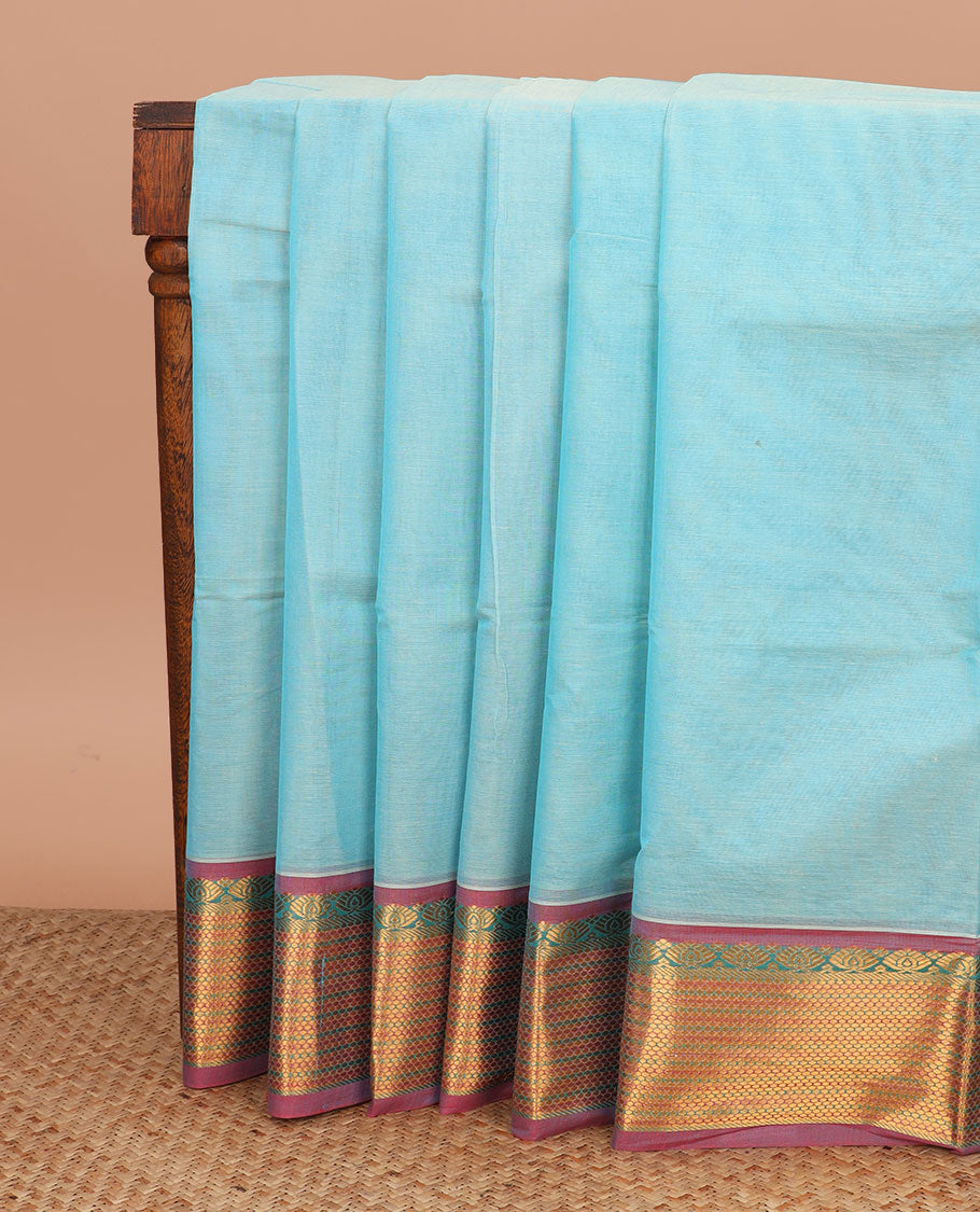 Baby blue zari buttas Venkatagiri cotton saree, contrast traditional zari border, and zari striped pallu