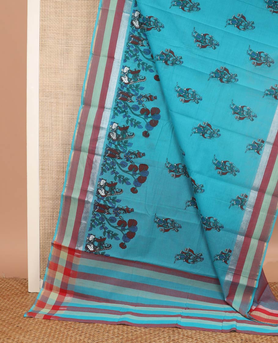 Green human figurines printed chirala cotton saree, contrast striped border, and pallu of stripes