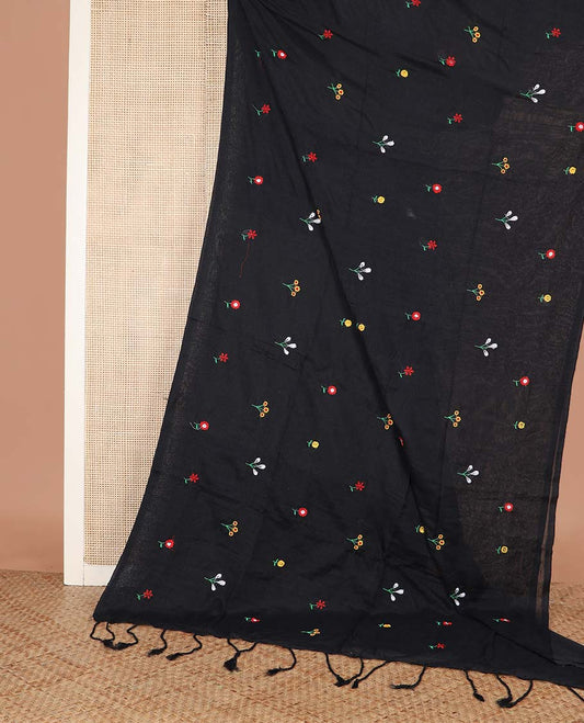 Black Khadi Cotton Saree Beautified with Colorful Floral Motifs Embroidery, Pallu Gracefully Decked Up with Floral Motifs Embroidery, and Paired with a Matching Blouse
