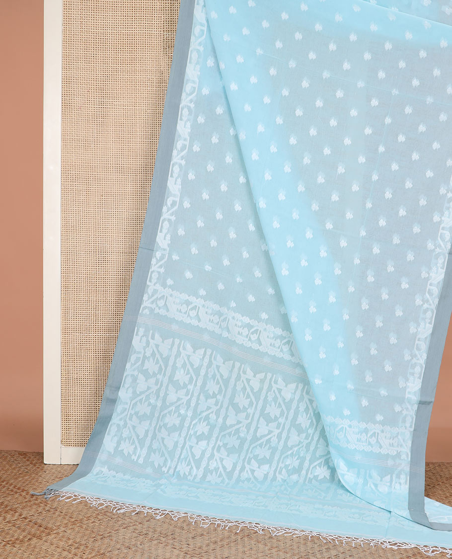 Blue buttas woven Khadi cotton saree, contrast jamdani floral border, and jamdani-style floral creeper woven pallu