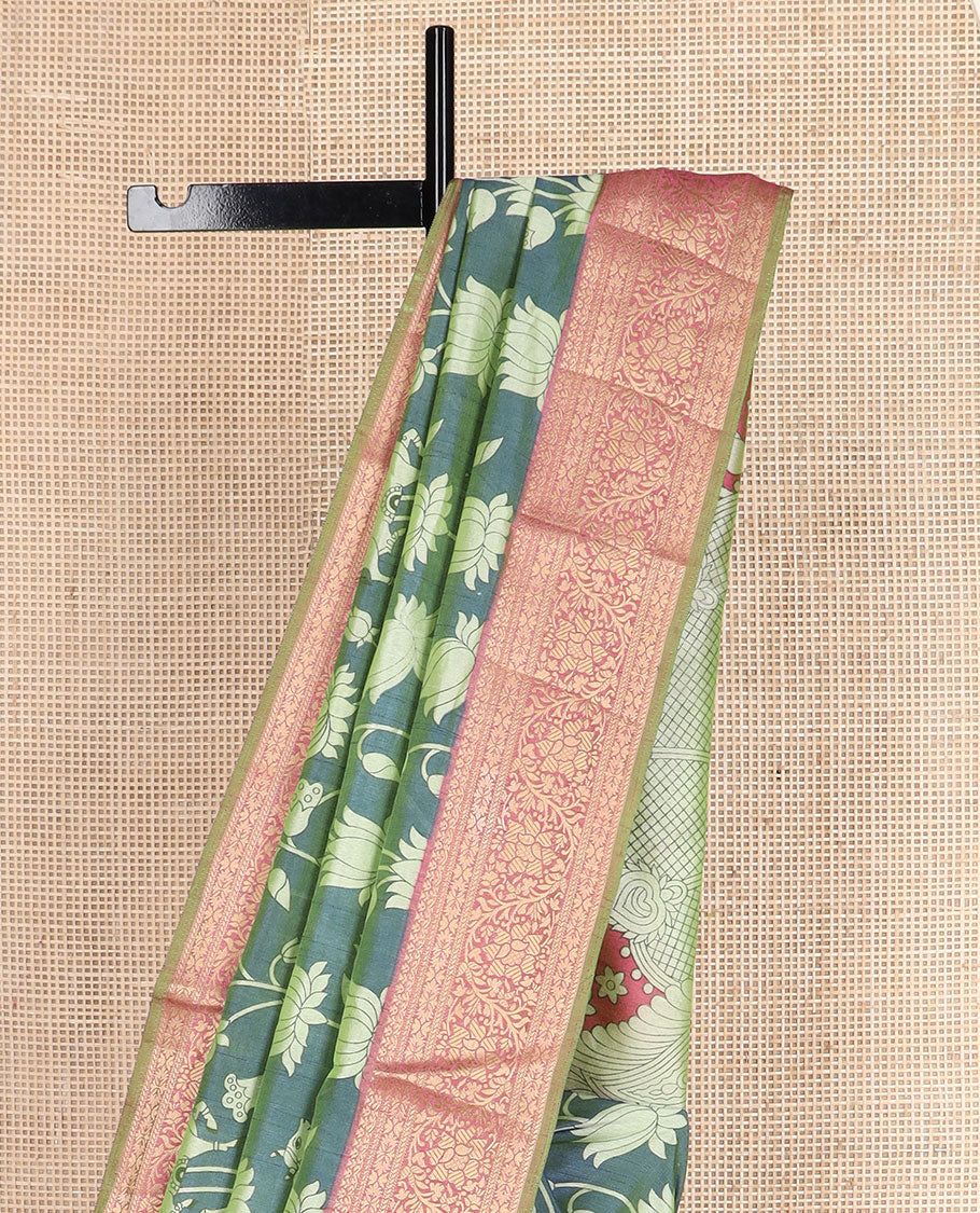 Blue Lotus vine and Pichwai cow printed semi-banaras patola silk saree, contrast floral creeper zari border, and pallu of big peacock motifs