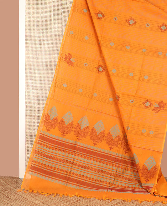 Borderless Orange Coimbatore Cotton Saree, Intricately Designed with Floral-Geometric Buttas All Over Its Body, Sparsely Woven Pallu of Floral Designs, and Paired with a Matching Blouse