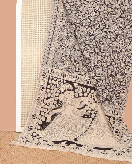 Black Machine-Printed Kalamkari Cotton Saree, Graced with Floral Vine Printed on Its Body, Self-Printed Border, Pallu of Floral and Figurines Print, and Paired with a Printed Blouse
