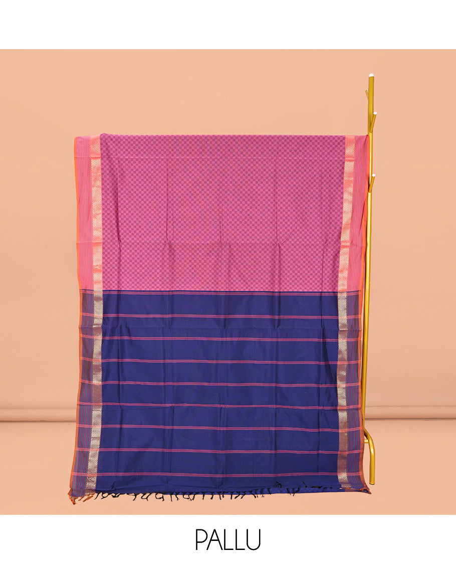 Pink Checked Poly Cotton Saree, Complemented by a Contrast Zari Border, Contrast Striped Pallu, and Paired with a Contrast Blouse