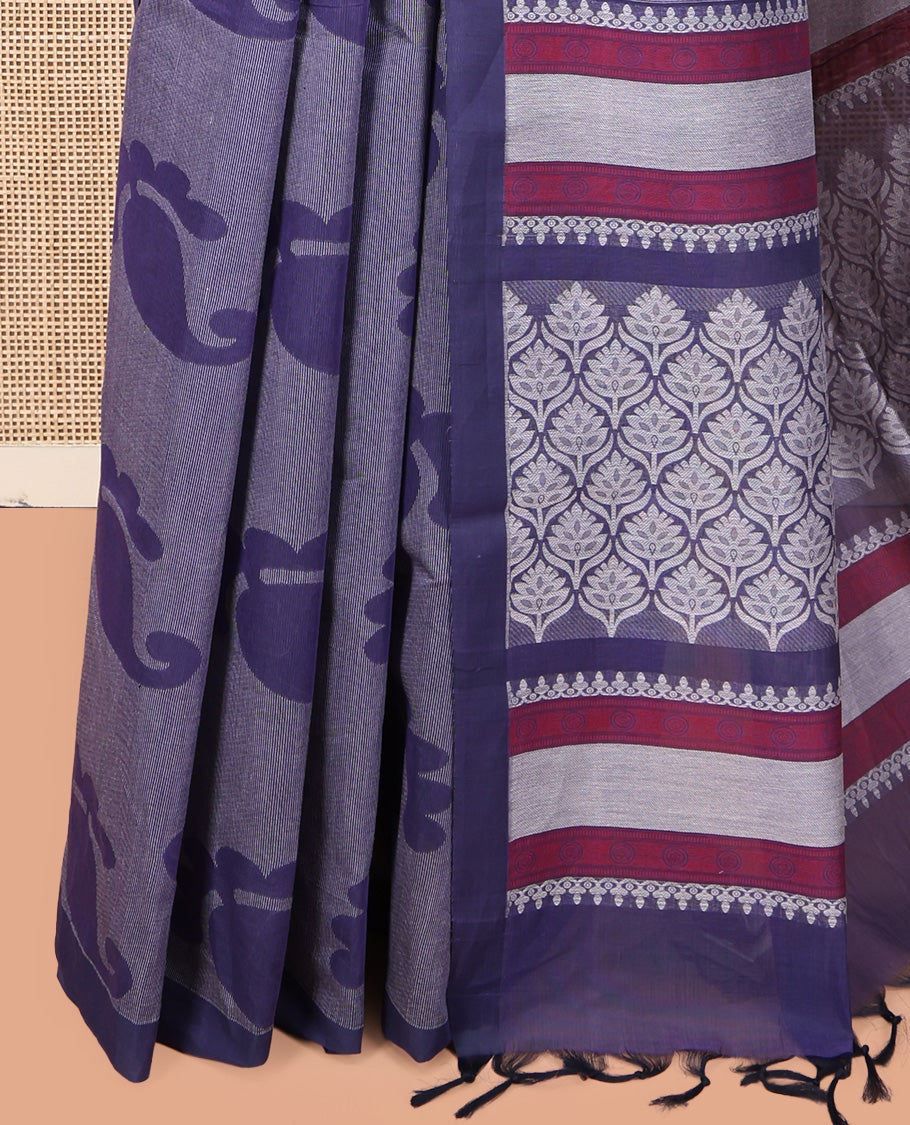 Grey Coimbatore Cotton Saree, Featuring Paisley Buttas on Its Body, a Contrast Border, Pallu of Ogee Design, and Paired with a Contrast Blouse