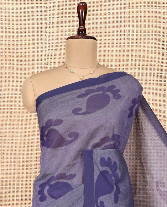 Grey Coimbatore Cotton Saree, Featuring Paisley Buttas on Its Body, a Contrast Border, Pallu of Ogee Design, and Paired with a Contrast Blouse