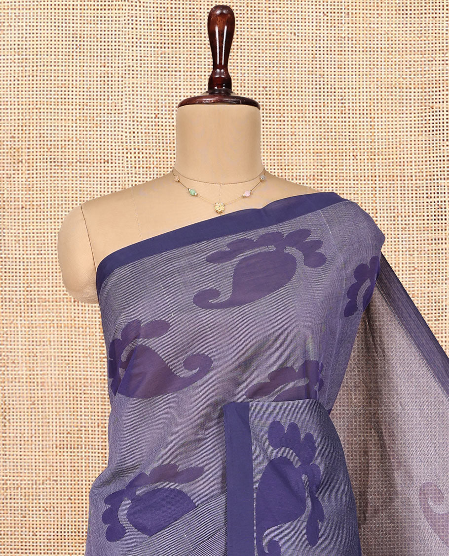 Grey Coimbatore Cotton Saree, Featuring Paisley Buttas on Its Body, a Contrast Border, Pallu of Ogee Design, and Paired with a Contrast Blouse