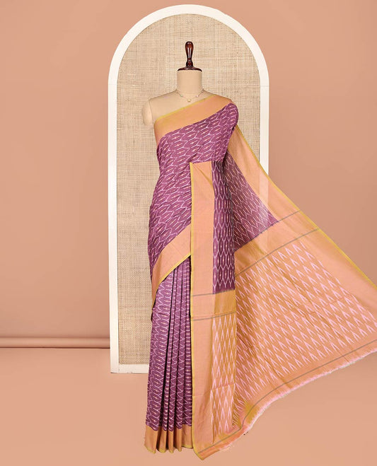 Lavender Ikkat Cotton Saree, Accentuated with Ikkat-Style Ogee Patterns on Its Body, Complemented by Contrast Plain Border, Pallu of Ikkat Buttas, and Has No Blouse