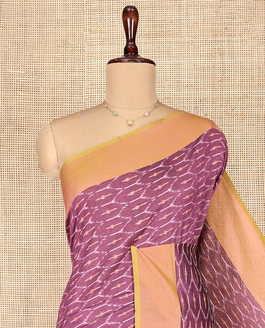Lavender Ikkat Cotton Saree, Accentuated with Ikkat-Style Ogee Patterns on Its Body, Complemented by Contrast Plain Border, Pallu of Ikkat Buttas, and Has No Blouse