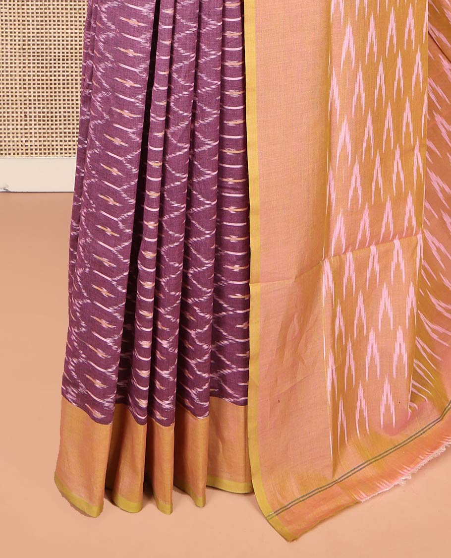 Lavender Ikkat Cotton Saree, Accentuated with Ikkat-Style Ogee Patterns on Its Body, Complemented by Contrast Plain Border, Pallu of Ikkat Buttas, and Has No Blouse