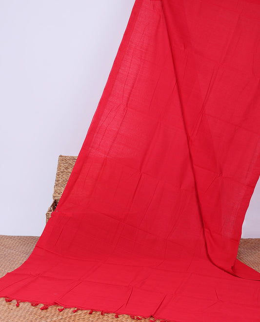 Borderless red plain design khadi cotton saree