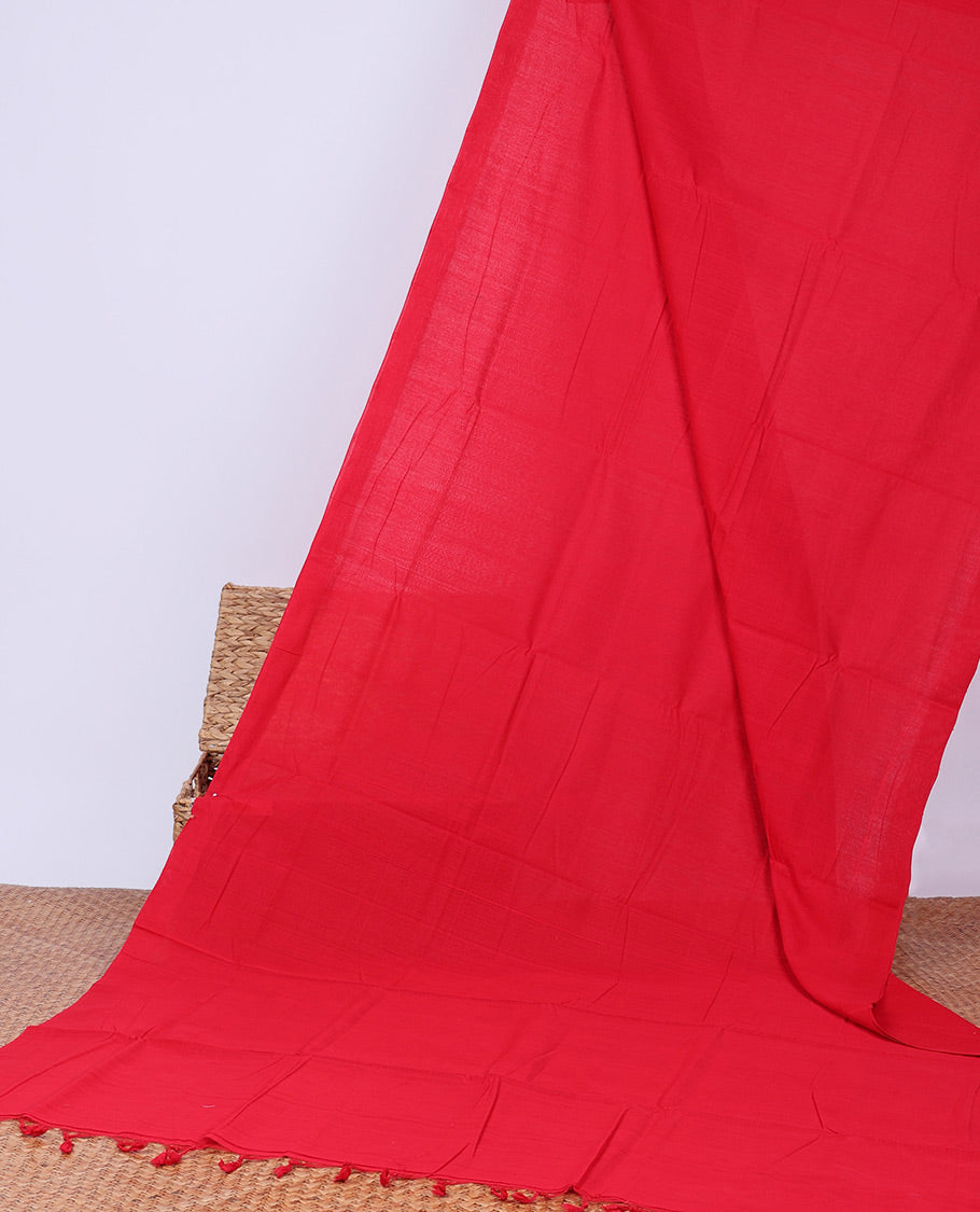 Borderless red plain design khadi cotton saree