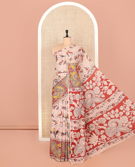 Sandal Kalamkari Cotton Saree, Crafted with Bird Motifs Print, Contrast Peacock Border, Pallu of Peacock Print, and a Matching Blouse