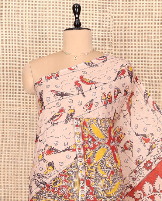 Sandal Kalamkari Cotton Saree, Crafted with Bird Motifs Print, Contrast Peacock Border, Pallu of Peacock Print, and a Matching Blouse