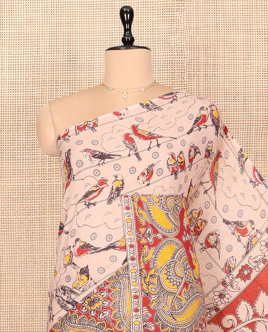 Sandal Kalamkari Cotton Saree, Crafted with Bird Motifs Print, Contrast Peacock Border, Pallu of Peacock Print, and a Matching Blouse
