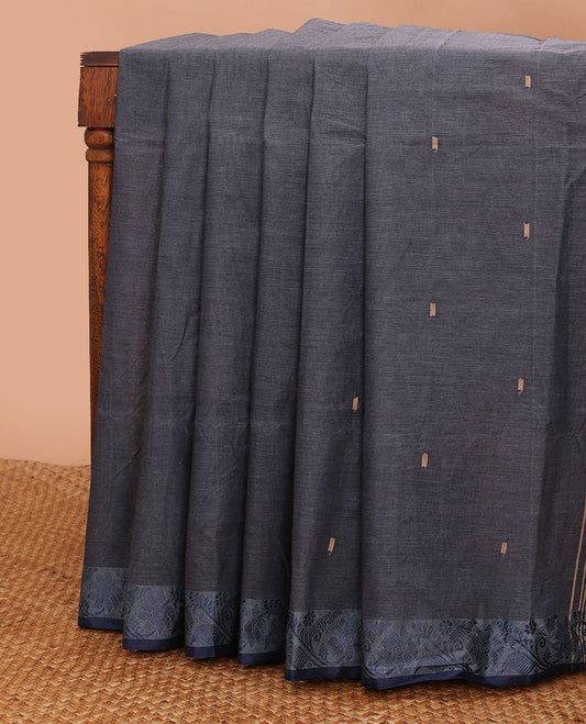 Grey buttas Bengal cotton saree, contrast floral creeper thread border & pallu of buttas & stripes