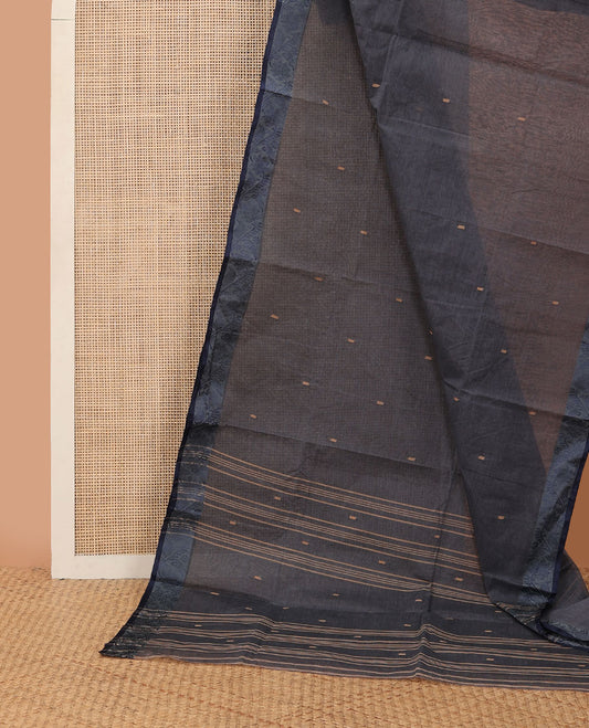 Grey buttas Bengal cotton saree, contrast floral creeper thread border & pallu of buttas & stripes