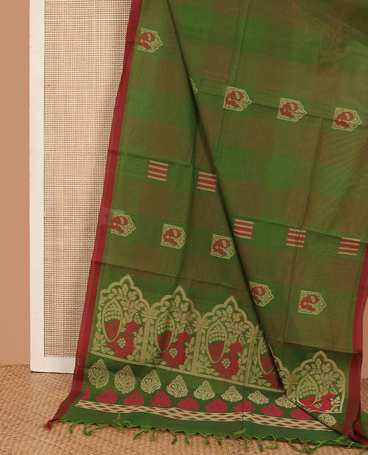 Green checked and buttas Kanchi cotton saree, contrast plain border, and pallu of peacock designs