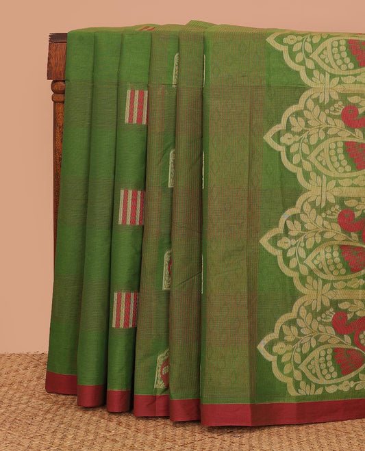 Green checked and buttas Kanchi cotton saree, contrast plain border, and pallu of peacock designs