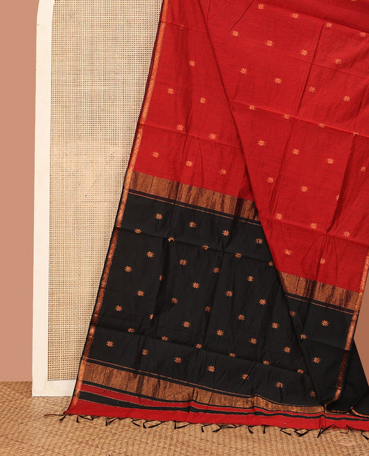 Red Maheshwari Cotton Saree, Prettified with Flower Buttas All Over Its Body, Subtly Woven Piping Border, Captivating Contrast Pallu Steeped with Buttas, and Paired with a Contrast Blouse