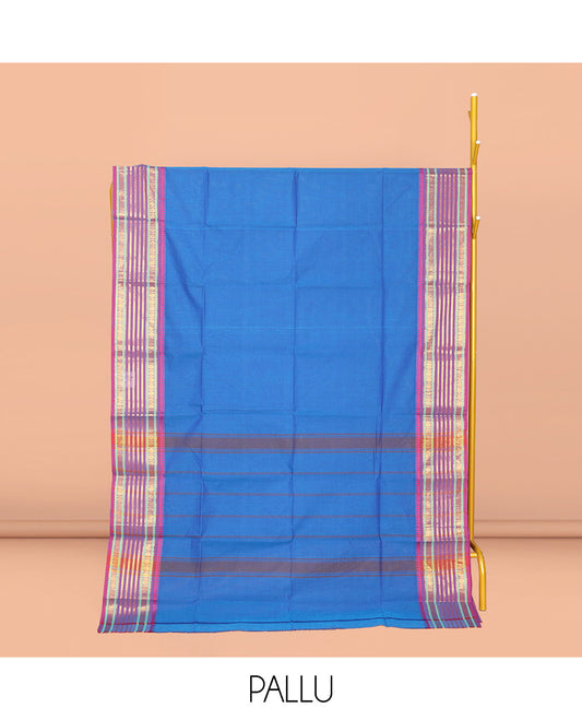 Blue Plain Chettinad Cotton Saree, Complemented by a Contrast Traditional Zari Design Woven Varisai Pettu Border, Pallu of Stripes, and Paired with a Matching Blouse