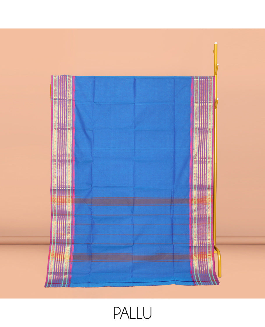 Blue Plain Chettinad Cotton Saree, Complemented by a Contrast Traditional Zari Design Woven Varisai Pettu Border, Pallu of Stripes, and Paired with a Matching Blouse