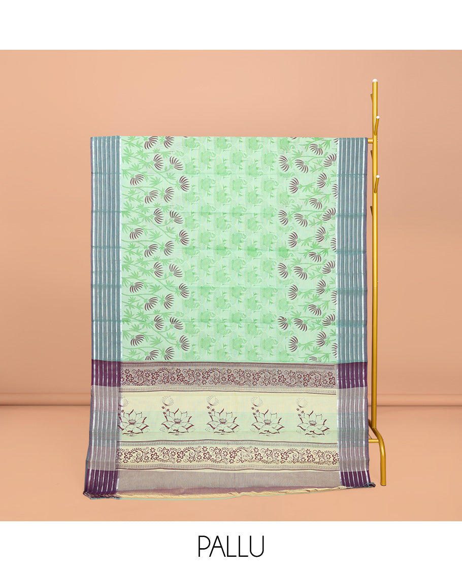 Mint Green Chirala Cotton Saree, Decked Up with Swan and Floral Print, Contrast Striped Border, Floral Printed Pallu, and a Matching Blouse
