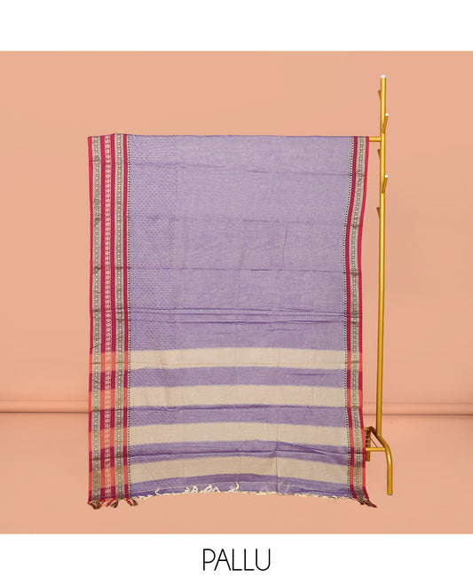Grey Embossed Narayanpet Cotton Saree, Complemented by a Contrast Traditional Zari Design Border, Striped Pallu, and Comes Without a Blouse