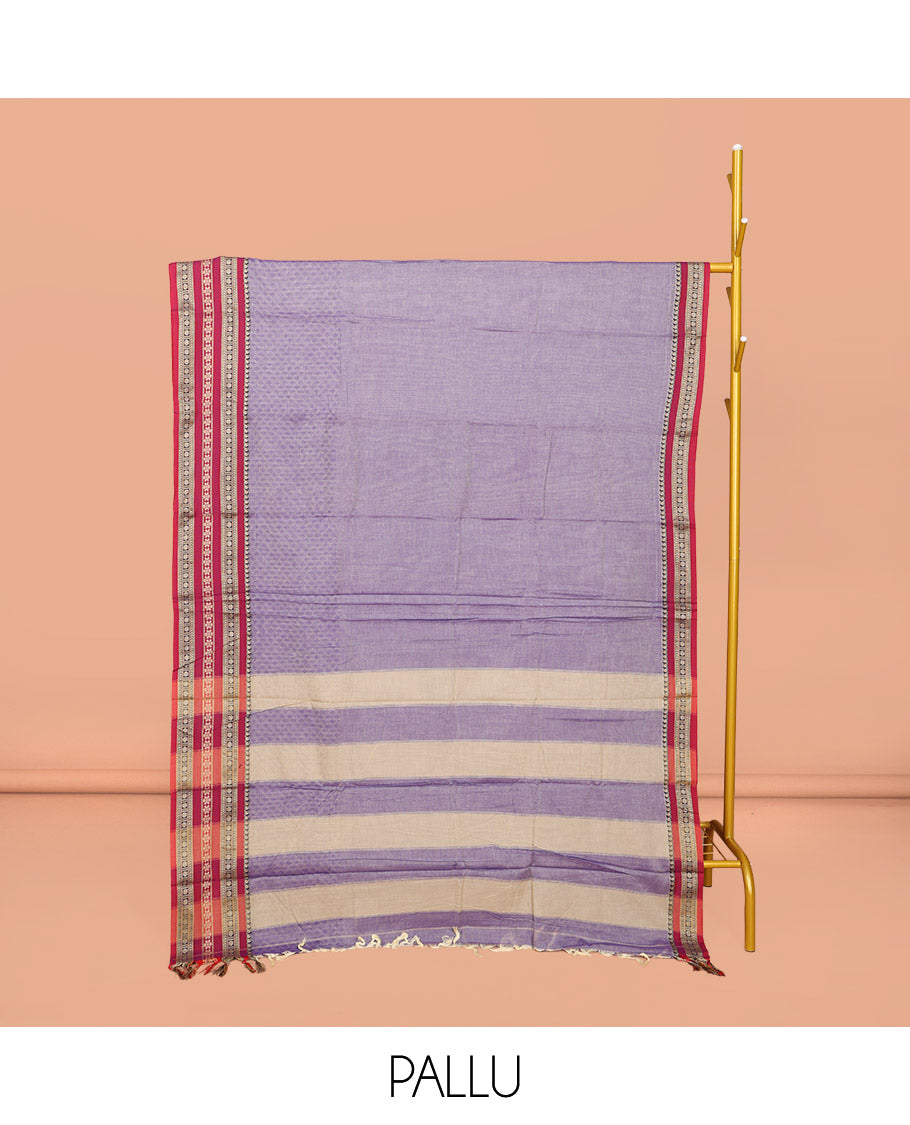 Grey Embossed Narayanpet Cotton Saree, Complemented by a Contrast Traditional Zari Design Border, Striped Pallu, and Comes Without a Blouse