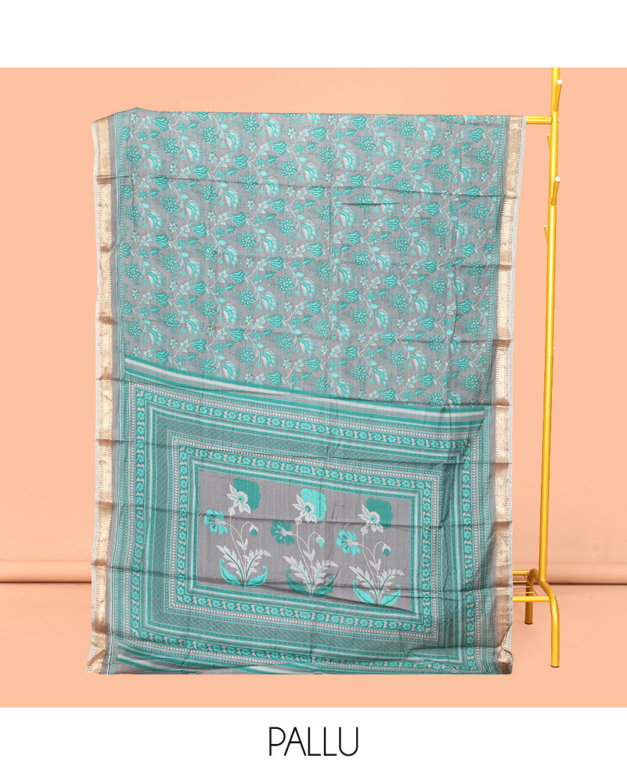 Grey Mul Mul Cotton Saree Featuring a Floral Print, a Subtle Traditional Border, a Floral-Printed Pallu, and a Matching Blouse