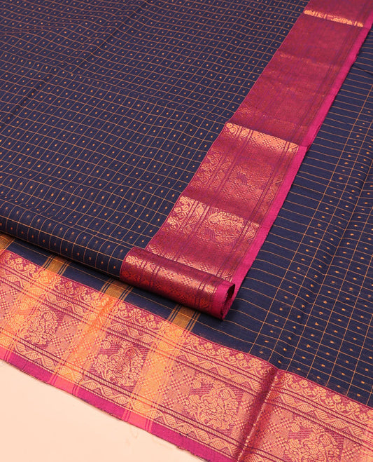 Navy Blue Nine-Yard Cotton Saree, Enriched with Butta Enclosed Checked Design on Its Body, Complemented by a Contrast Traditional Zari Border, Striped Pallu, and Comes Without a Blouse