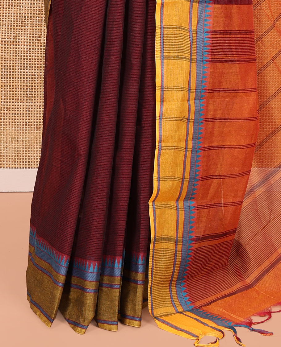 Maroon Andhra Cotton Saree, Subtly Sparkled with Stripes, a Contrast Temple Thread Border, Contrast Striped Pallu, and a Contrast Blouse