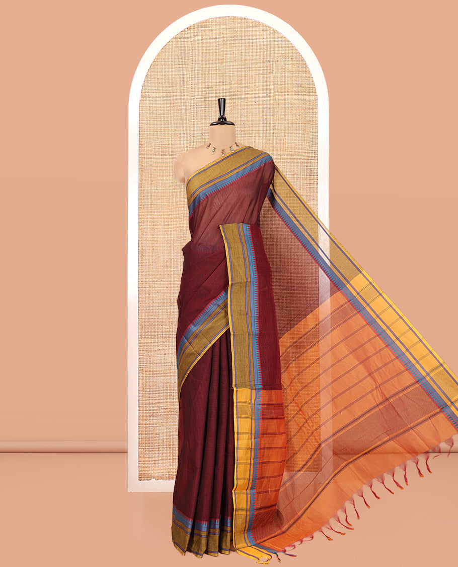 Maroon Andhra Cotton Saree, Subtly Sparkled with Stripes, a Contrast Temple Thread Border, Contrast Striped Pallu, and a Contrast Blouse