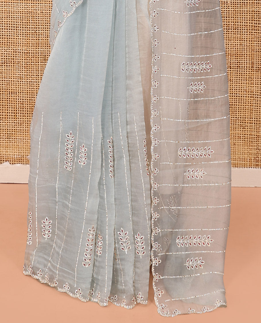 Sky Blue Swarovski and Meena Stonework Organza Designer Saree with Scallop Border, Matching Blouse