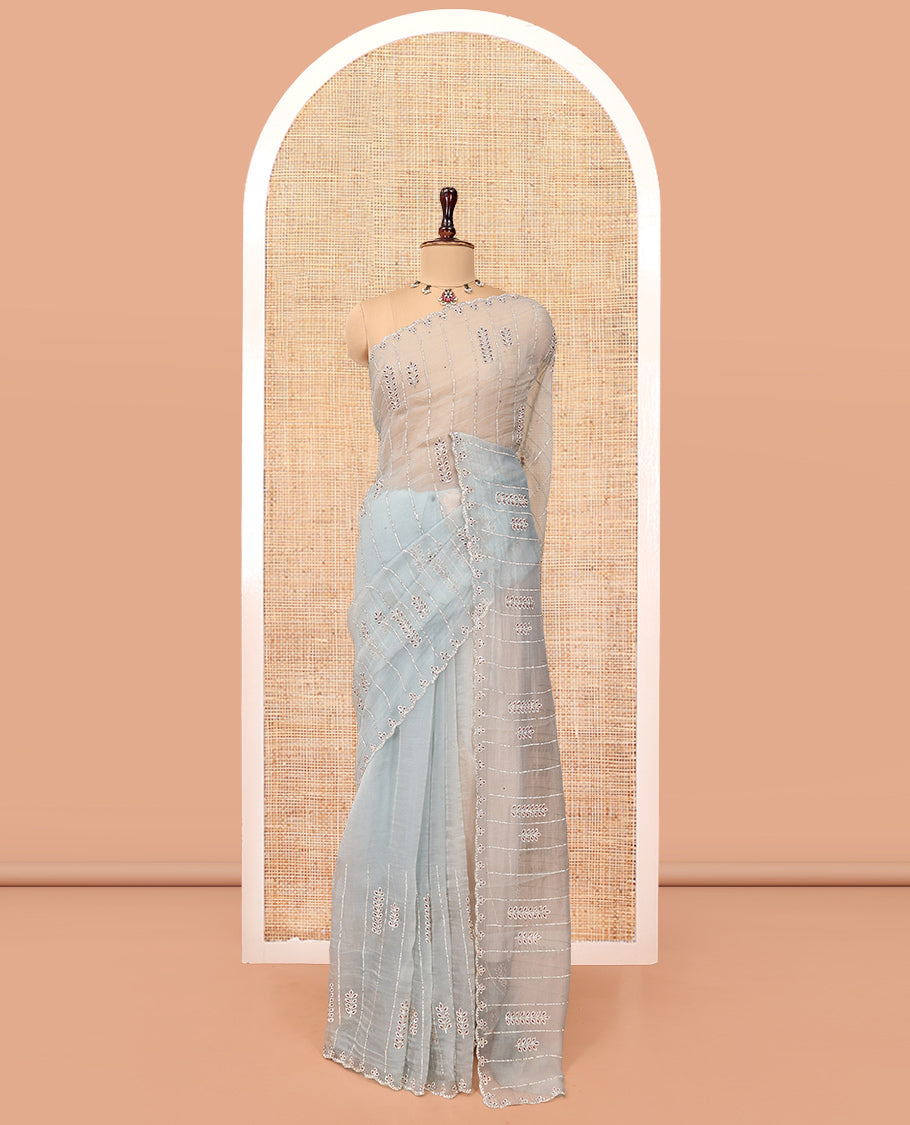 Sky Blue Swarovski and Meena Stonework Organza Designer Saree with Scallop Border, Matching Blouse