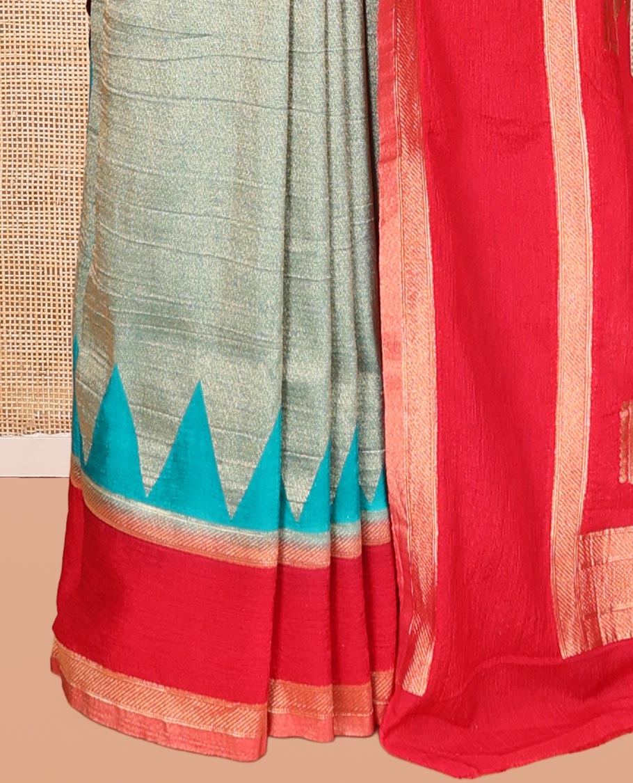 Rama Blue Wrinkle Crepe Saree, Contrast Temple Border, Peacock Pallu, and a Contrast Blouse