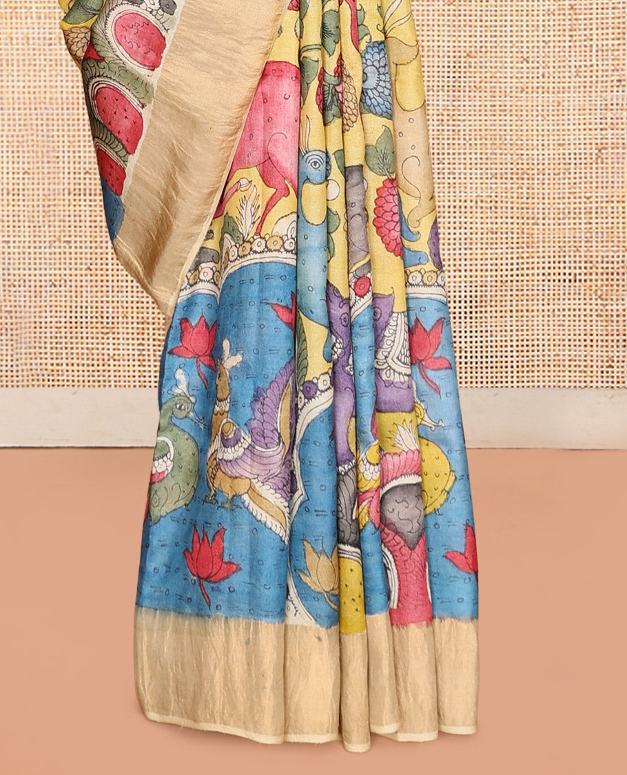 Yellow Tussar Kalamkari Saree