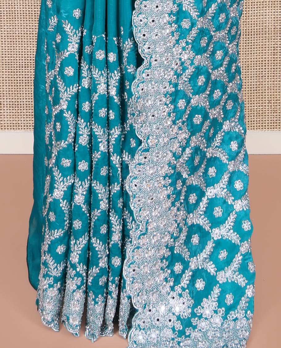 Blue Designer Saree, Masterfully Embroidered with Jaal Design on Its Body, Highlighted by a Scallop Embroidered Border, Embroidered Pallu, and Paired with a Matching Embroidered Blouse
