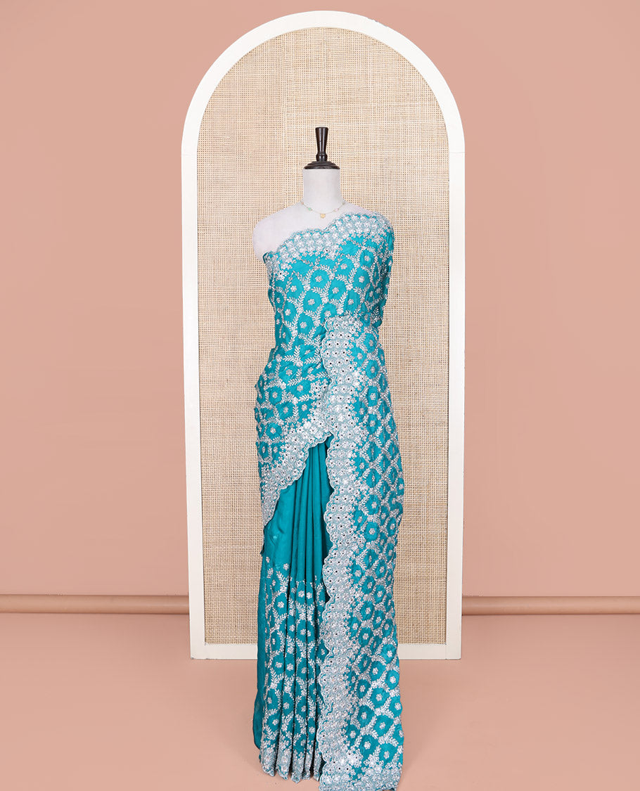 Blue Designer Saree, Masterfully Embroidered with Jaal Design on Its Body, Highlighted by a Scallop Embroidered Border, Embroidered Pallu, and Paired with a Matching Embroidered Blouse