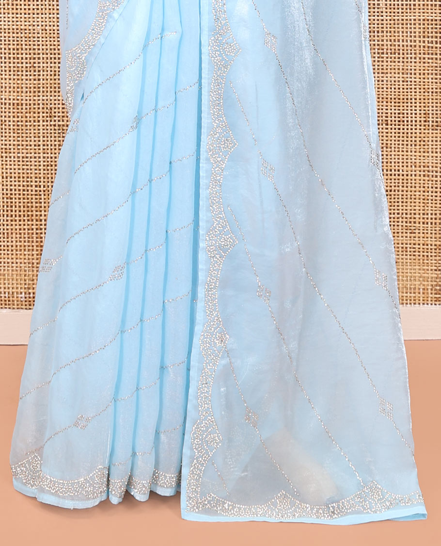 Blue Designer Saree, Finely Crafted with Stone Lines Running Diagonally Throughout Its Body, Scallop Embroidered Border, Pallu of Stone Embroidery and Paired with a Matching Blouse