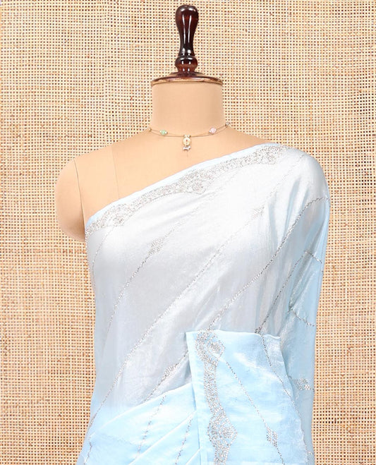 Blue Designer Saree, Finely Crafted with Stone Lines Running Diagonally Throughout Its Body, Scallop Embroidered Border, Pallu of Stone Embroidery and Paired with a Matching Blouse