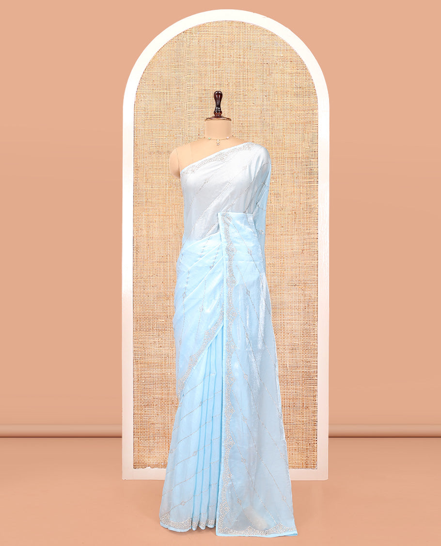 Blue Designer Saree, Finely Crafted with Stone Lines Running Diagonally Throughout Its Body, Scallop Embroidered Border, Pallu of Stone Embroidery and Paired with a Matching Blouse