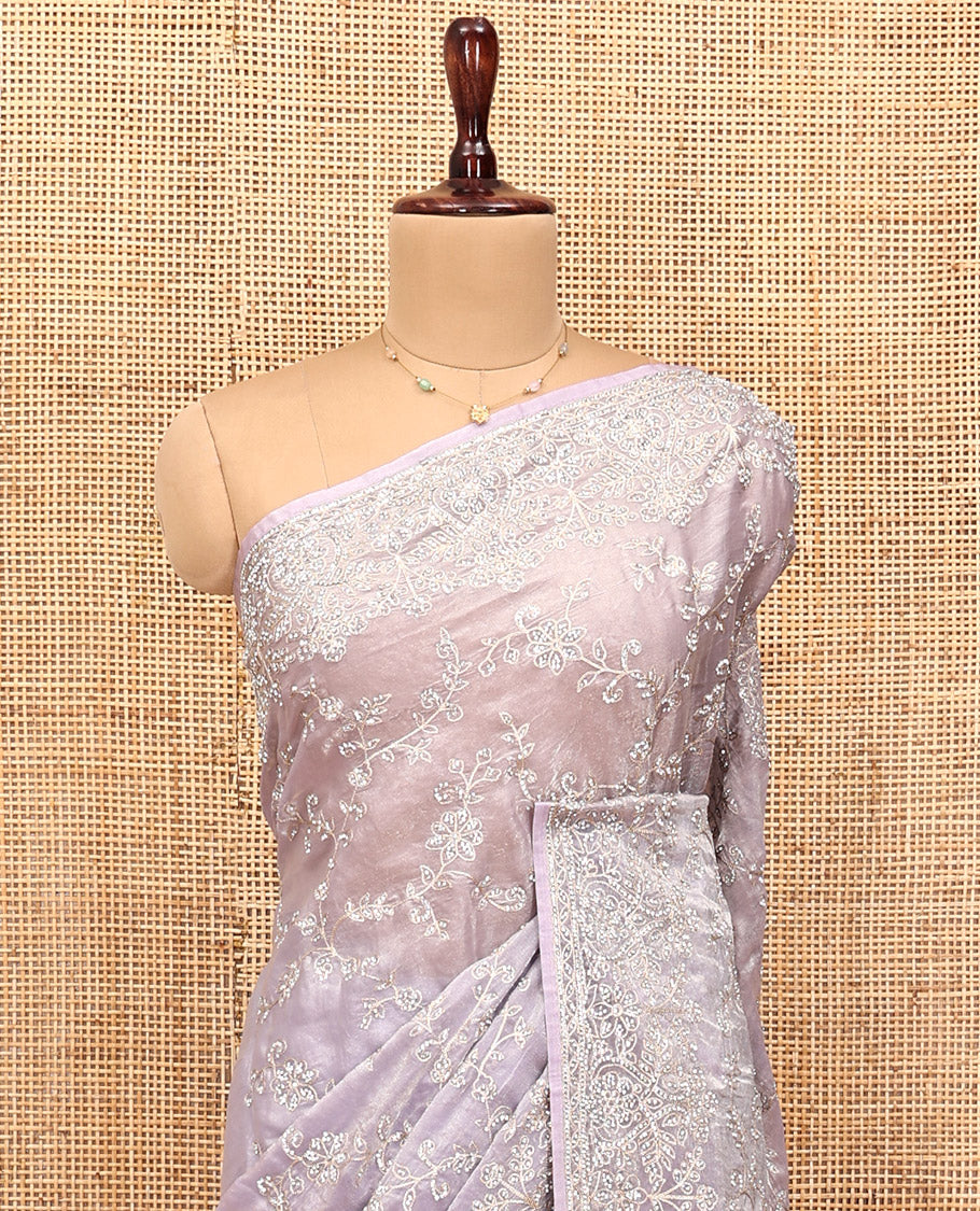 Light Lavender Designer Saree, Scintillated with Floral Vine Stone Embroidery, a Stone Embroidered Border, and a Matching Blouse