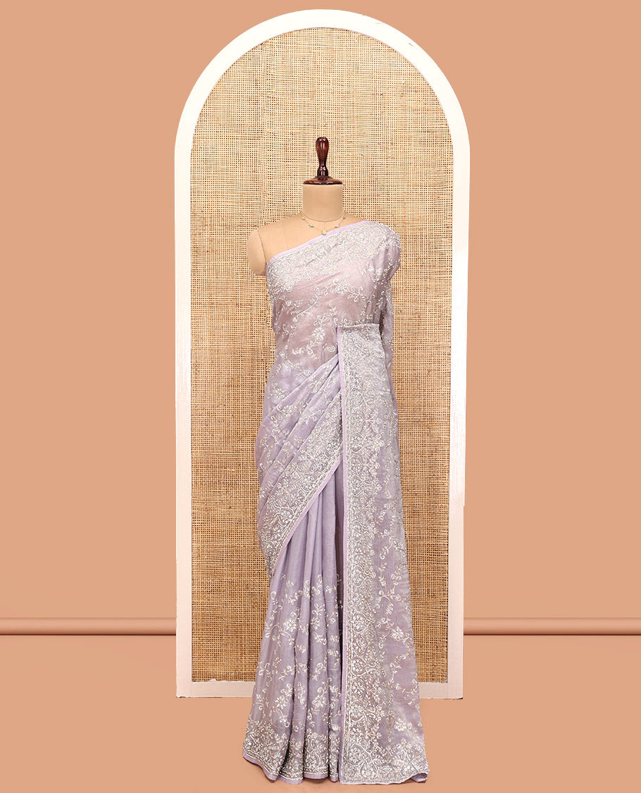 Light Lavender Designer Saree, Scintillated with Floral Vine Stone Embroidery, a Stone Embroidered Border, and a Matching Blouse