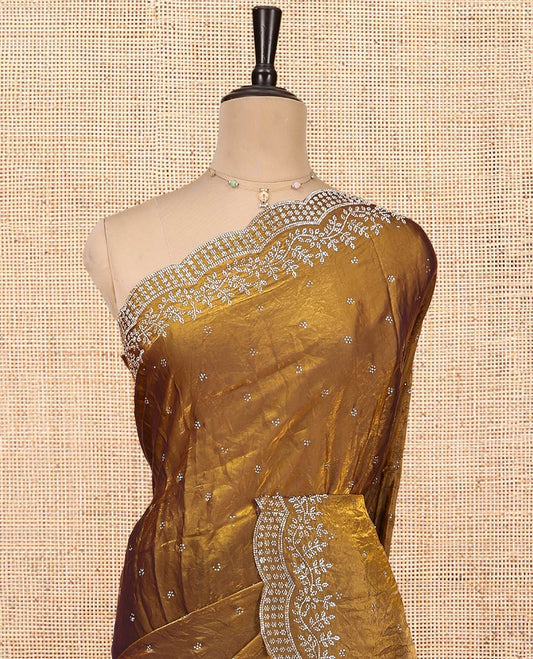 Green Designer Saree, Spotlighted with Stones All Over Its Body, a Floral Embroidered Border, and Matching Blouse