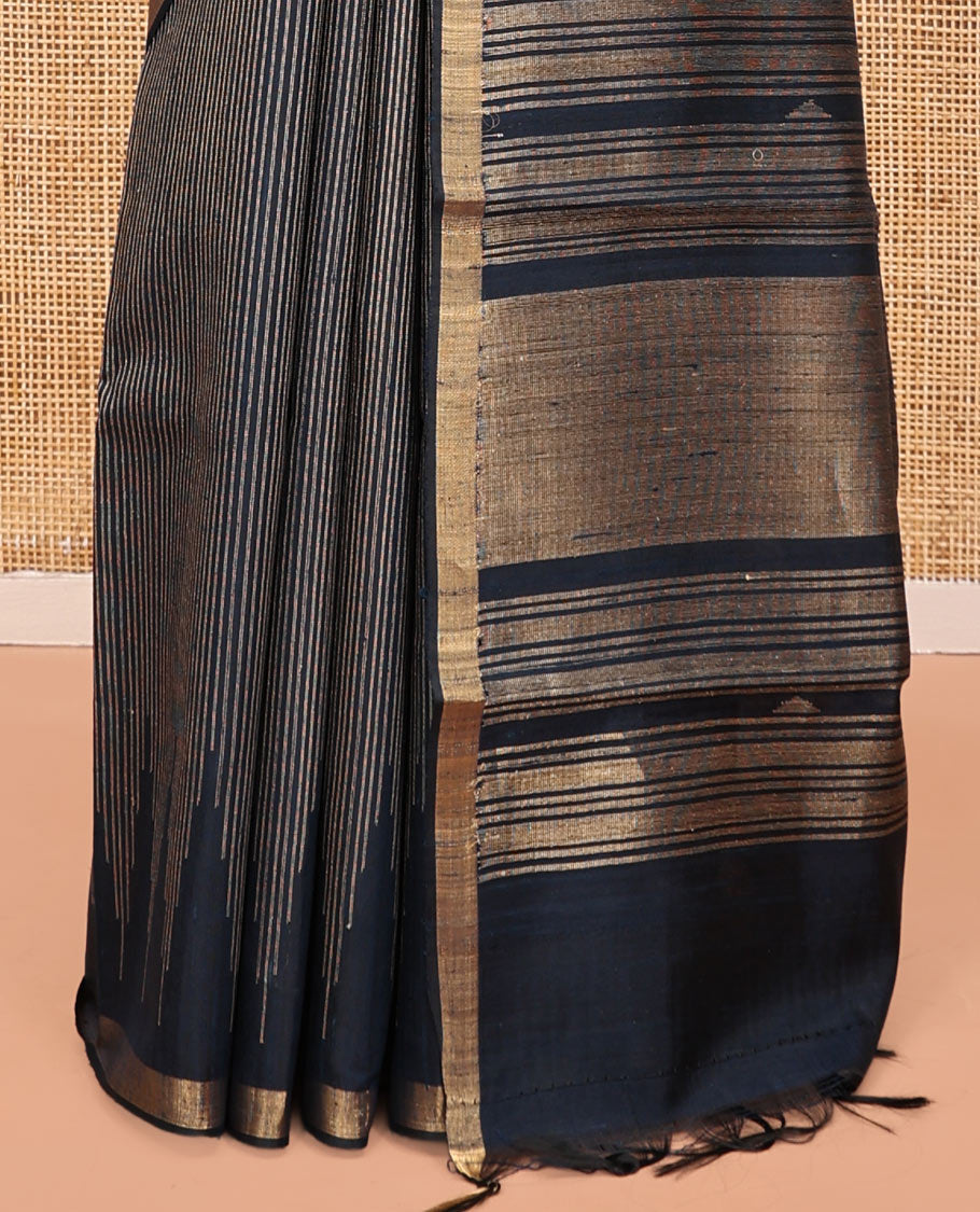 Blue Dupion Silk Saree, Steeped with Subtle Stripes, a Piping Zari Border, Zari-Woven Pallu, and a Matching Blouse