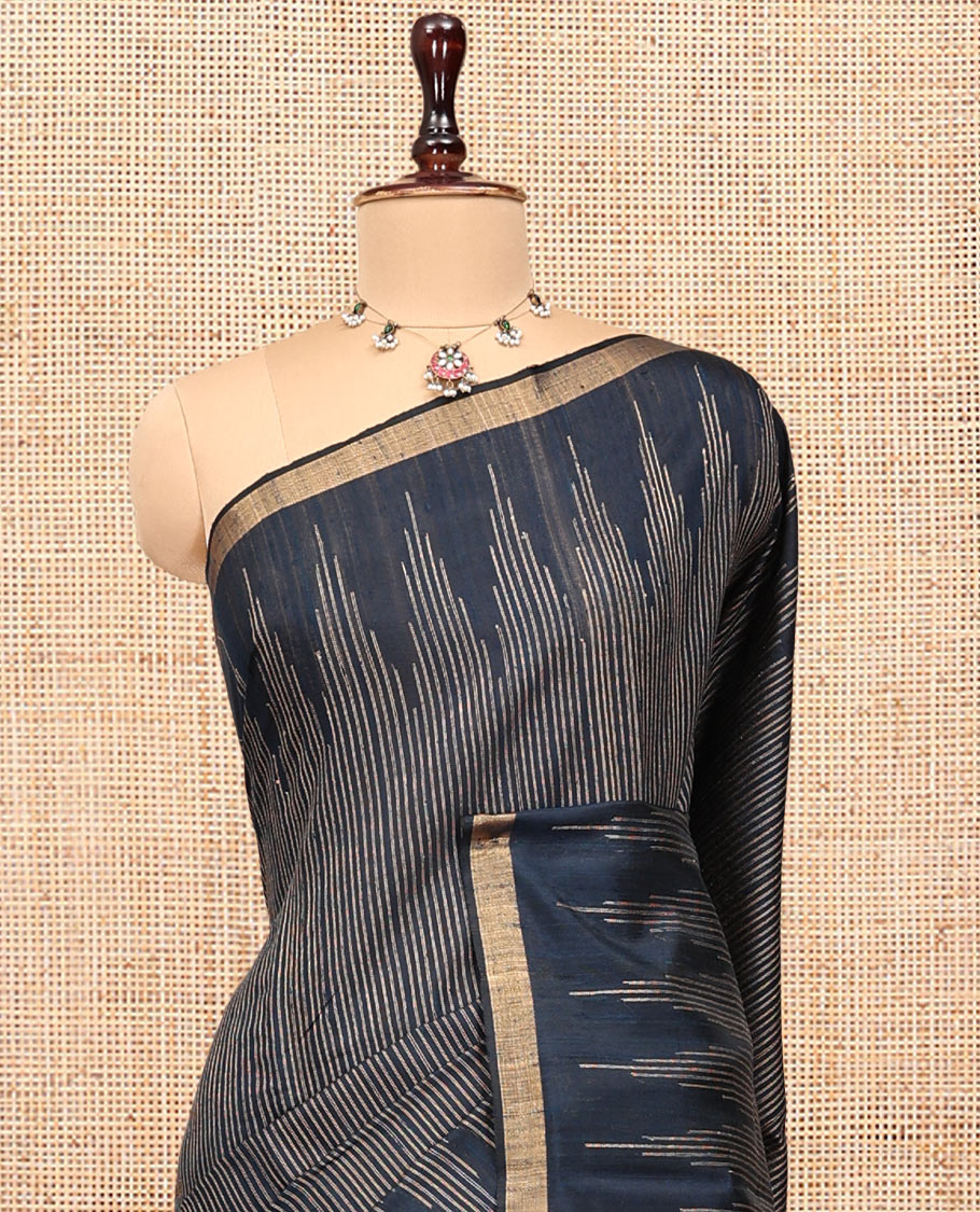 Blue Dupion Silk Saree, Steeped with Subtle Stripes, a Piping Zari Border, Zari-Woven Pallu, and a Matching Blouse