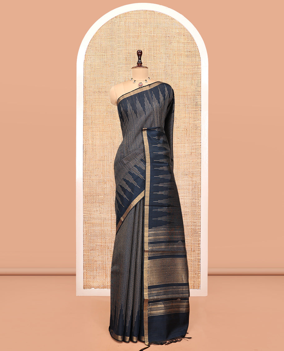 Blue Dupion Silk Saree, Steeped with Subtle Stripes, a Piping Zari Border, Zari-Woven Pallu, and a Matching Blouse